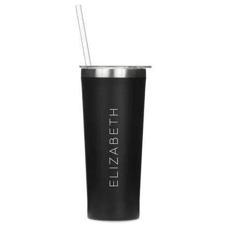 Personalized 22 Oz. Black Stainless Steel Drink Tumbler with Straw - Contemporary Vertical