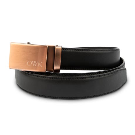 Men's Black Leather Belt - Monogrammed Copper Buckle - Unique Gift for Him