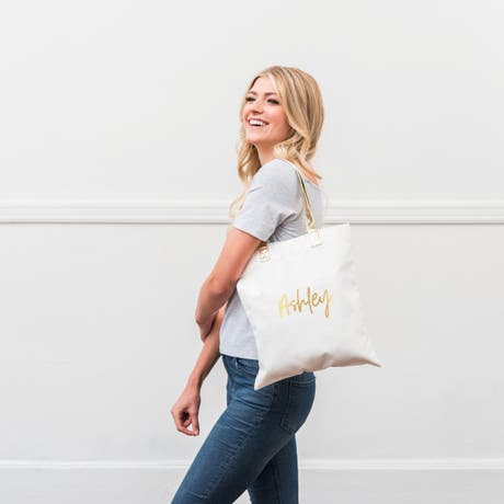 Personalized Cotton Canvas Fabric Tote Bag With Gold Strap - Script Font - Unique Gift For Her