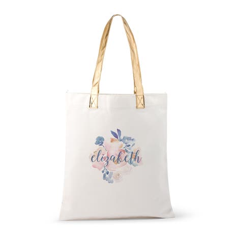 Personalized Cotton Canvas Fabric Tote Bag With Gold Strap - Floral Garden Party