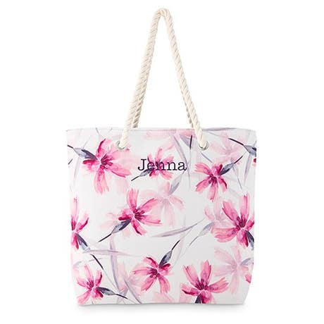 Personalized Extra-Large Cotton Canvas Fabric Beach Tote Bag - Pink Floral Watercolor