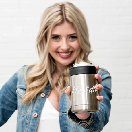 Custom Stainless Steel Insulated Beer Can Cooler - Calligraphy - Unique Gift for Her
