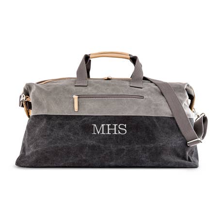 Large Personalized Canvas Travel Duffle Bag - Black & Gray - Unique Gift For Him