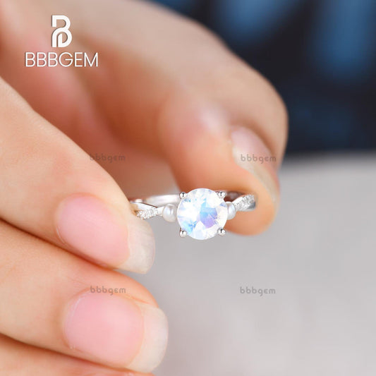 Infinity Round Cut Moonstone Engagement Ring With Akoya Pearl White Gold Three Stone Wedding Band
