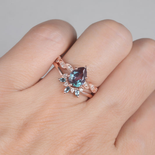 Floral Alexandrite Diamond Engagement Rings Rose Gold Wedding Set Color Chaning Stone