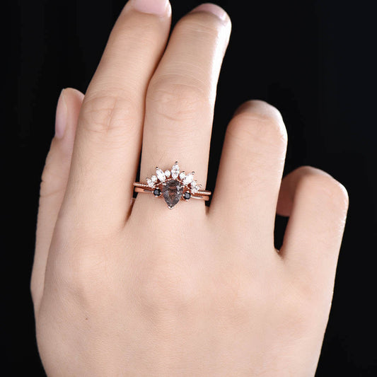 14K/18K Three Stone Black Rutilated Quartz Black Diamond Engagement Rings Set Moissanite Wedding Band