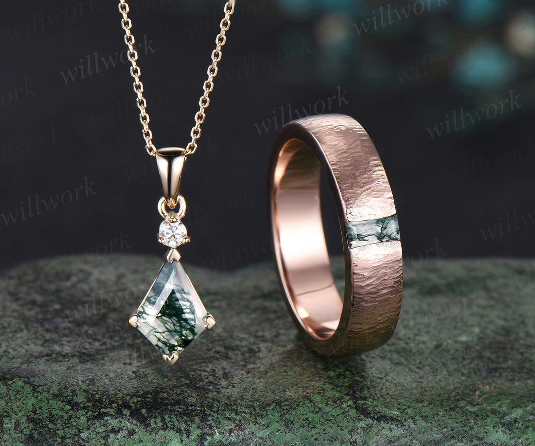 Enchanting Moss Agate Kite Pendant & Masculine Baguette Ring 14K Rose Gold Jewelry Set Valentine's Day Exclusive Gift For Lovers