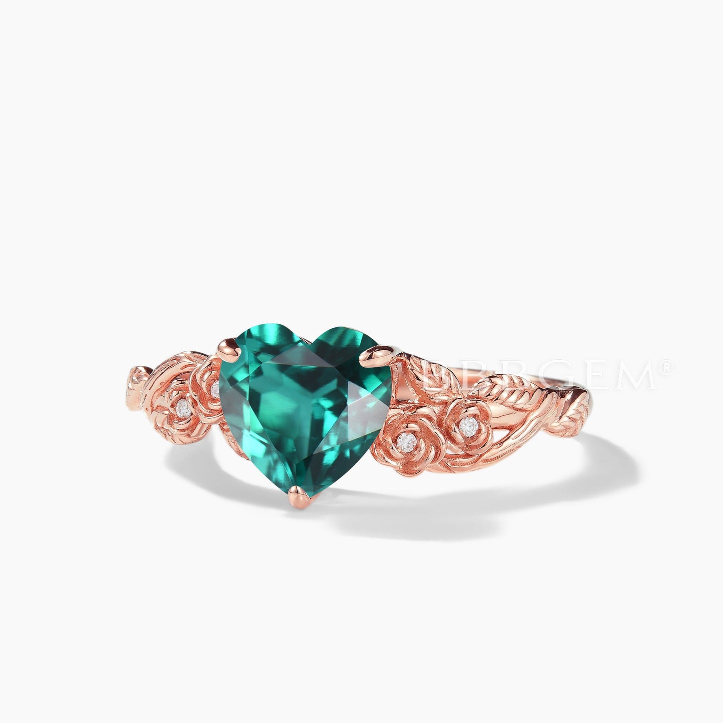Heart Cut Emerald Diamond Flower Ring Leaf Nature Inspired Emerald Engagement Ring