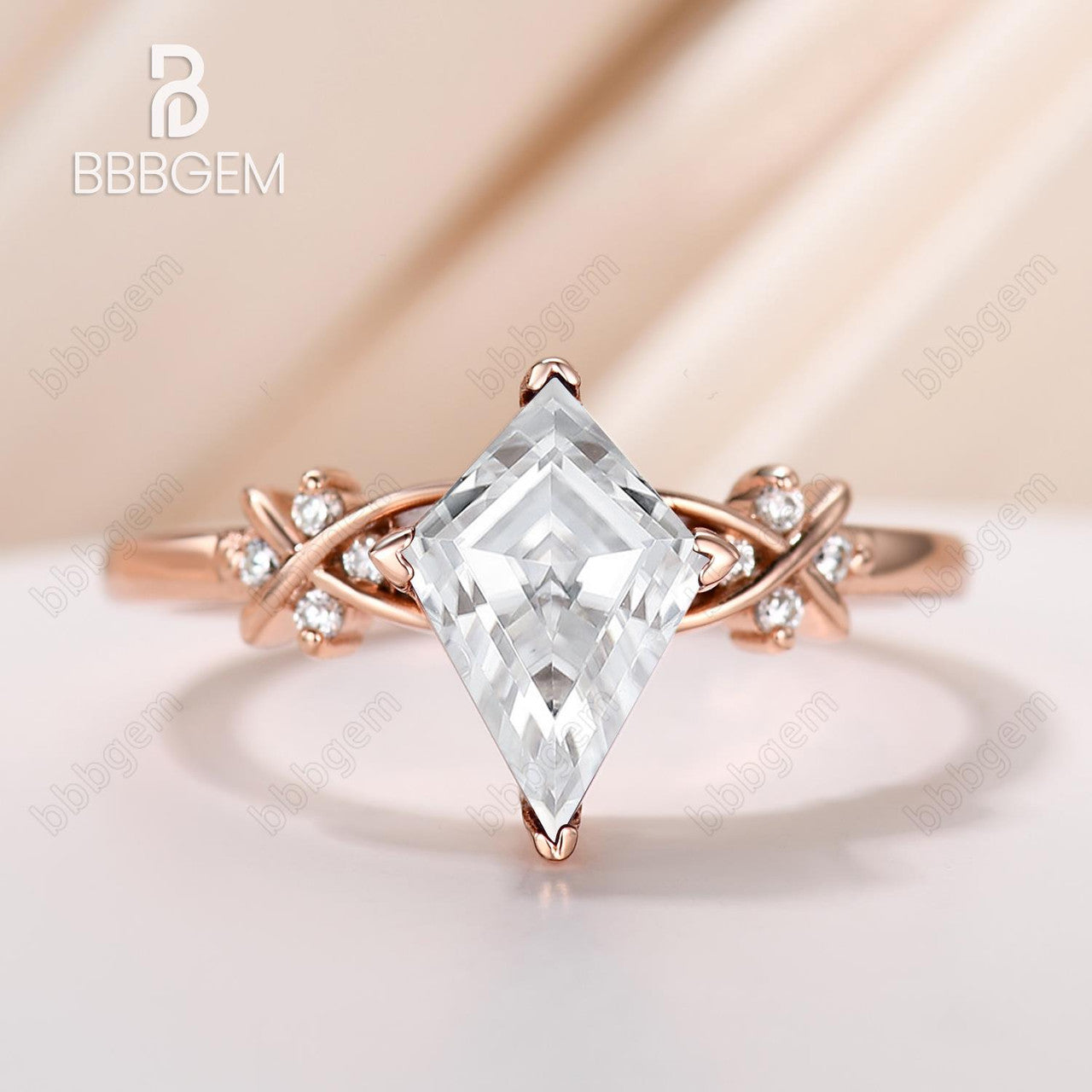 18K Rose Gold Kite Moissanite and Diamond Engagement Ring 4 Prong Vintage Inspired Women Promise Ring