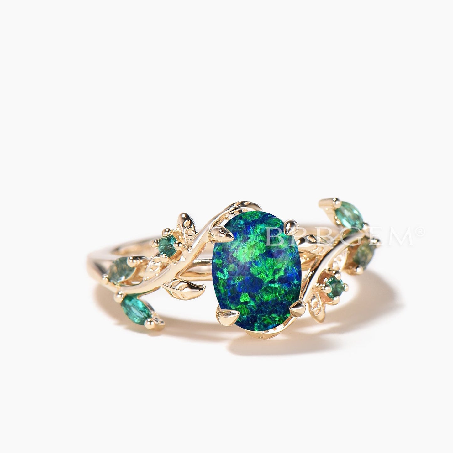 1.5CT Oval Cut Black Opal Engagement Ring Moss Agate Emerald Leaf Yellow Gold Ring