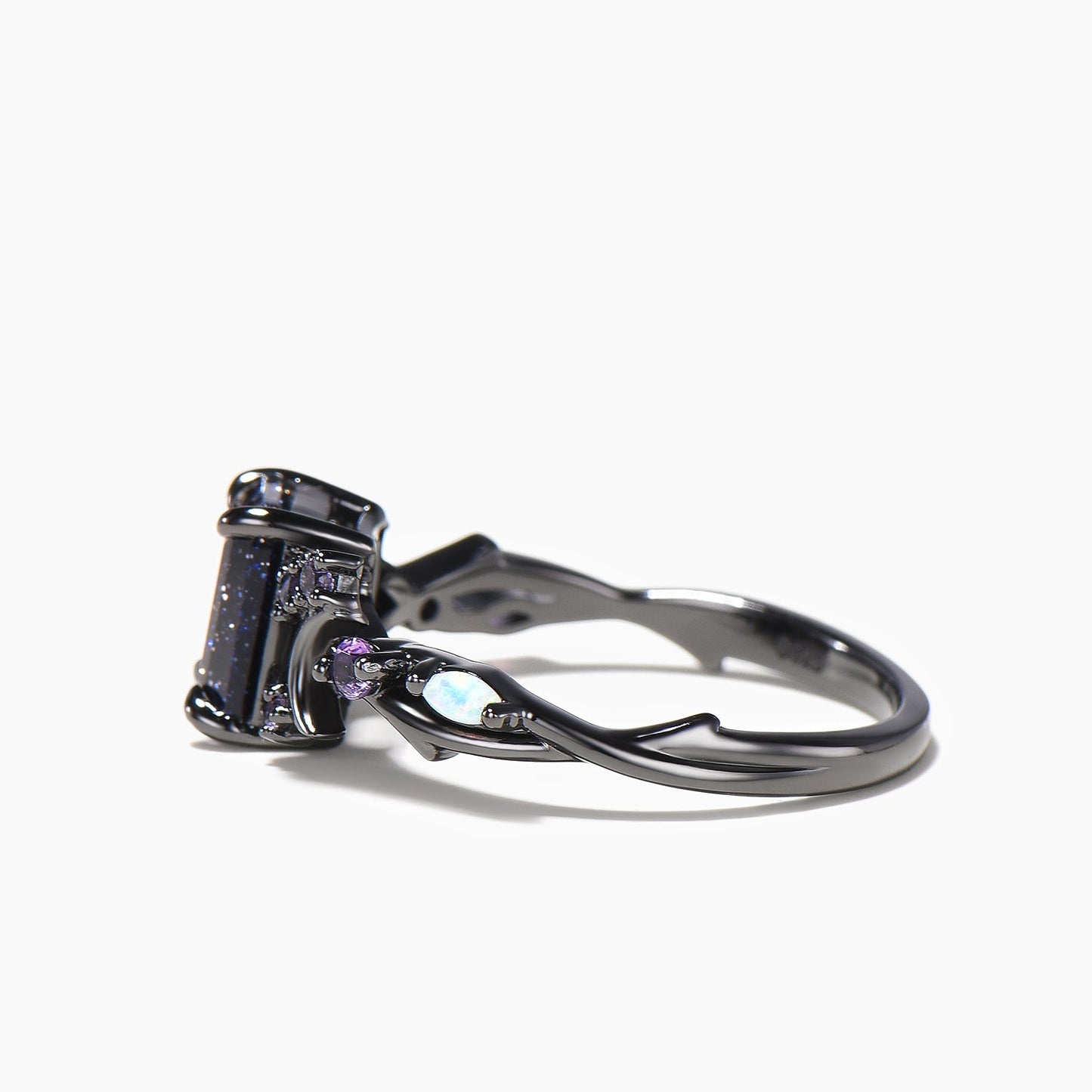 2ct Emerald Cut Blue Sandstone Moon Vine Ring Amethyst Opal Black Gold Wedding Ring
