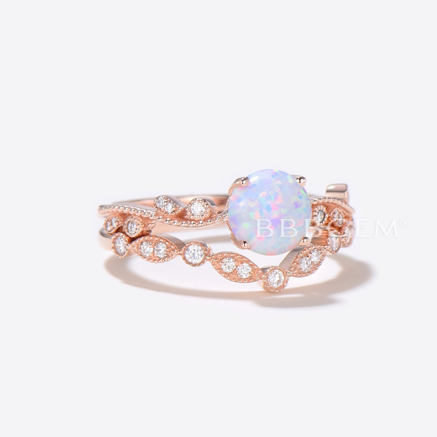 Floral Opal Solitaire Diamond Engagement Ring Bridal Set Rose Gold Antique