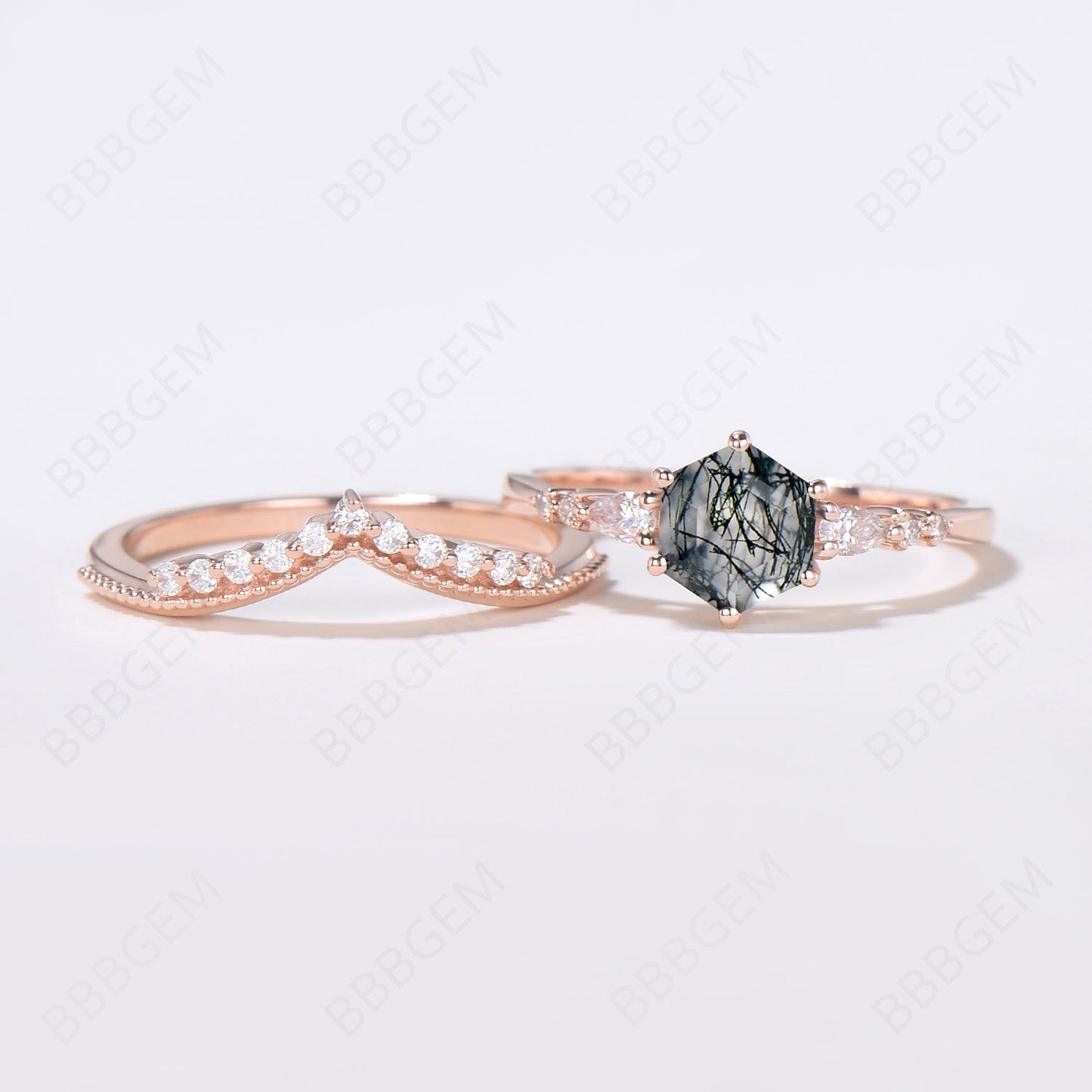 Hexagon Black Rutilated Quartz Ring Milgrain Moissanite Ring
