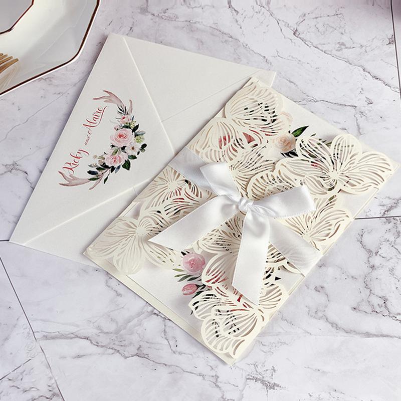 5 x 7 Inch Laser Cut Wedding Invites Floral Wedding Cards with Printed Envelope