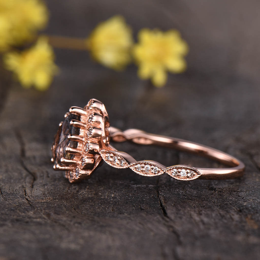 14K/18K Classic Black Rutilated Quartz Diamond Halo Engagement Rings