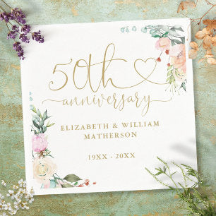 50th Anniversary Gold Heart Roses Floral Napkins