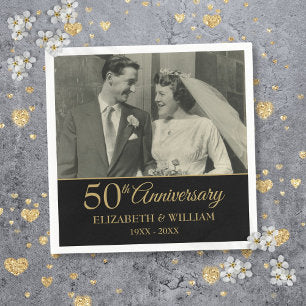 50th Anniversary Wedding Photo Elegant Gold Black Napkins