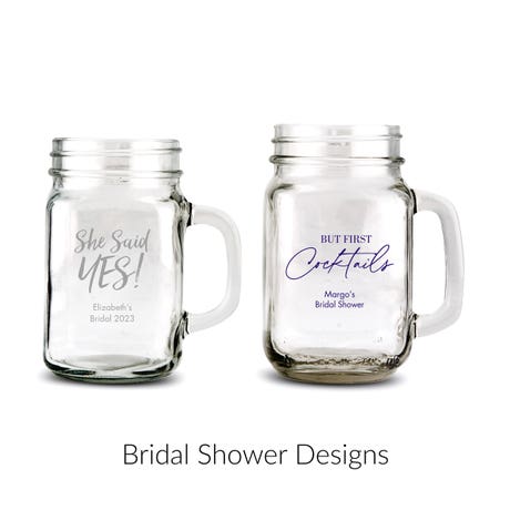 Personalized 12 or 16 oz. Mason Jar Drinking Glass Wedding Favor - Bridal Shower | More Occasions