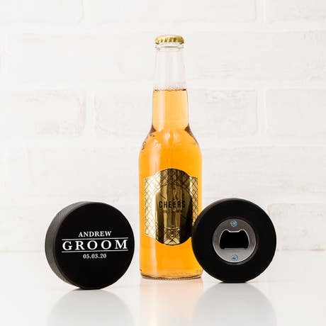 Custom Hockey Puck Bottle Opener Gift - Groom Design - Unique Groom Gift
