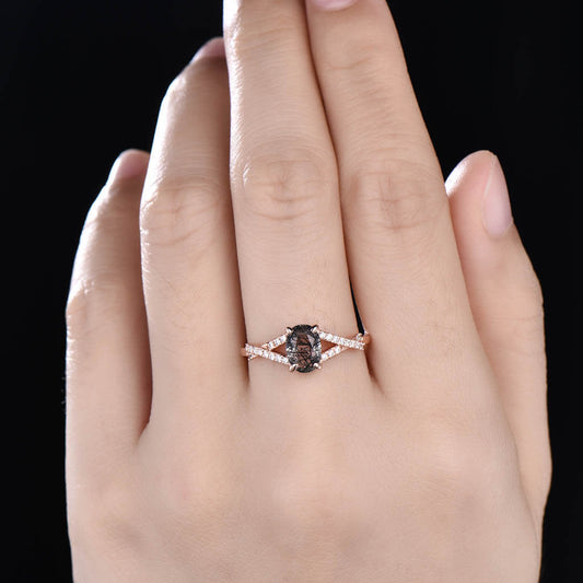 14K/18K Infinity Oval Black Rutilated Quartz Diamond Engagement Rings Vintage