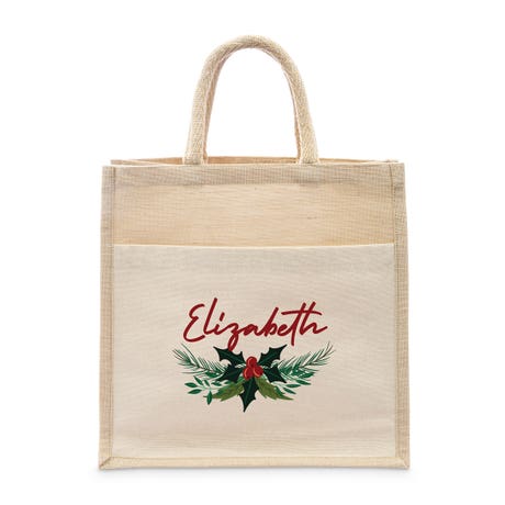 Personalized Medium Woven Jute Tote Bag with Pocket - Holly Berries
