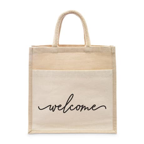 Medium Reusable Woven Jute Tote Bag With Pocket - Welcome - Unique Welcome Bag