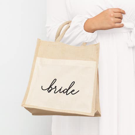 Medium Reusable Woven Jute Tote Bag With Pocket - Bride