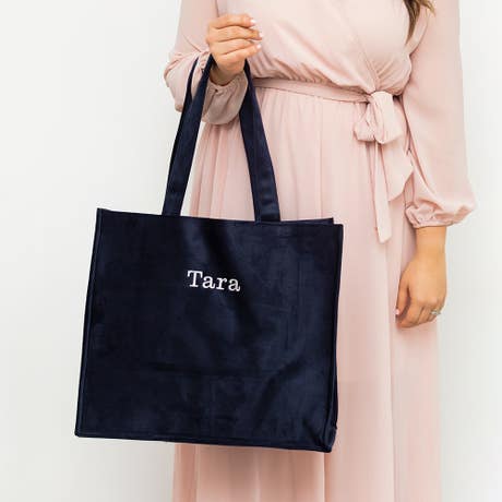 Large Personalized Velvet Tote Bag - Navy Blue - Unique Gift for Her