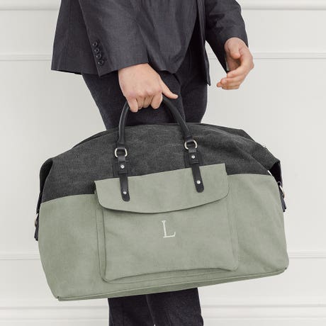 Large Personalized Canvas Weekender Travel Bag - Black & Gray - Unique Gift For Him
