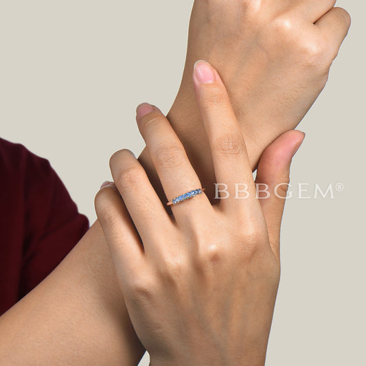 14K Rose Gold Princess Cut Natural Swiss Blue Topaz Dainty Wedding Band