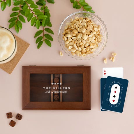 Personalized 2-Deck Wood Box for Playing Cards with Engraved Lid - Suits - Unique Gift For Her