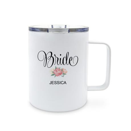 Personalized 14 oz. Insulated White Metal Travel Coffee Mug - Bride