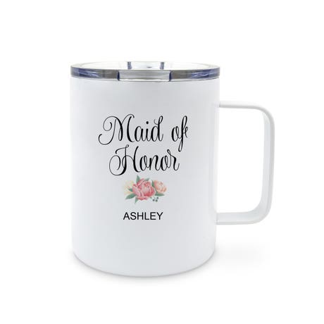 Personalized 14 oz. Insulated White Metal Travel Coffee Mug - Maid of Honor