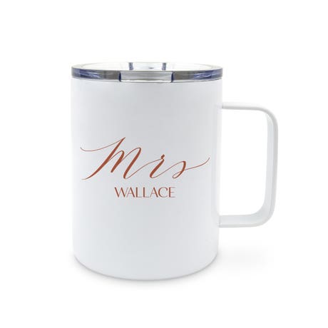 Personalized 14 oz. Insulated White Metal Travel Coffee Mug - Mrs
