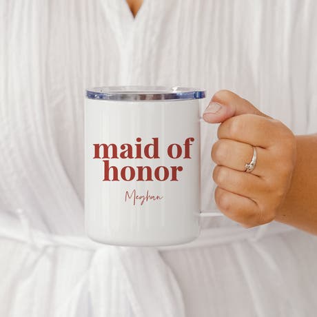 Personalized 14 oz. Insulated White Metal Travel Coffee Mug - Desert Floral Maid of Honor