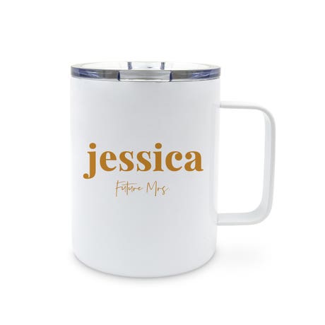 Personalized 14 oz. Insulated White Metal Travel Coffee Mug - Custom Text