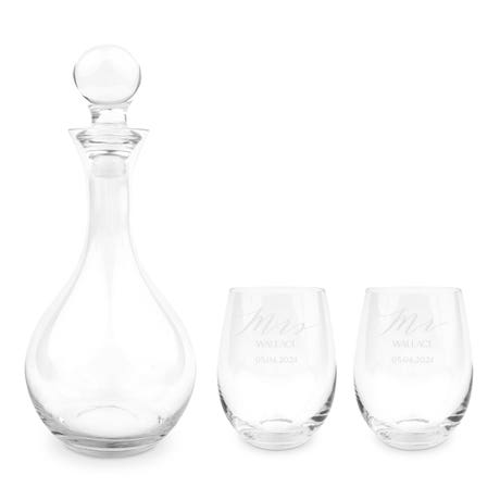 Custom Engraved Glass Decanter Gift Set with Wine Glasses - Mr. and Mrs.