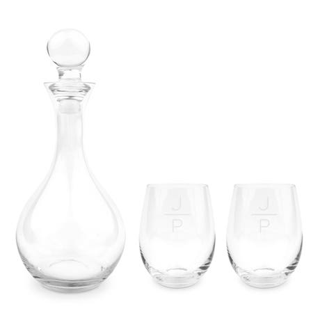 Custom Engraved Glass Decanter Gift Set with Wine Glasses - Stacked Monogram