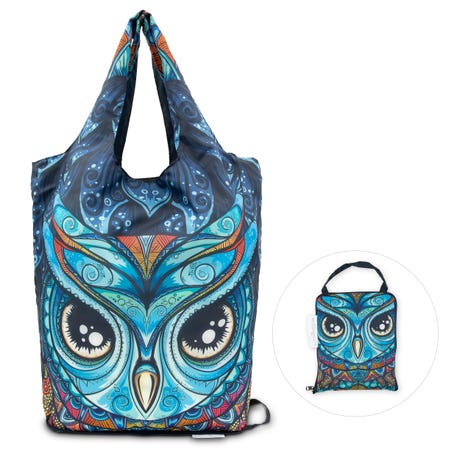 Reusable Foldable Compact Tote Bag - Owl Mosaic - Unique Reusable Bag For Her | Him