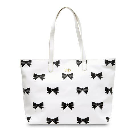 Large Personalized Patterned Faux Leather Tote Bag - Black Bows
