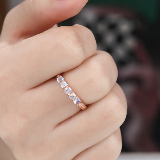 Five Stone Round Moonstone Diamond Birthstone Anniversary Wedding Band in Rose Gold Women Gift