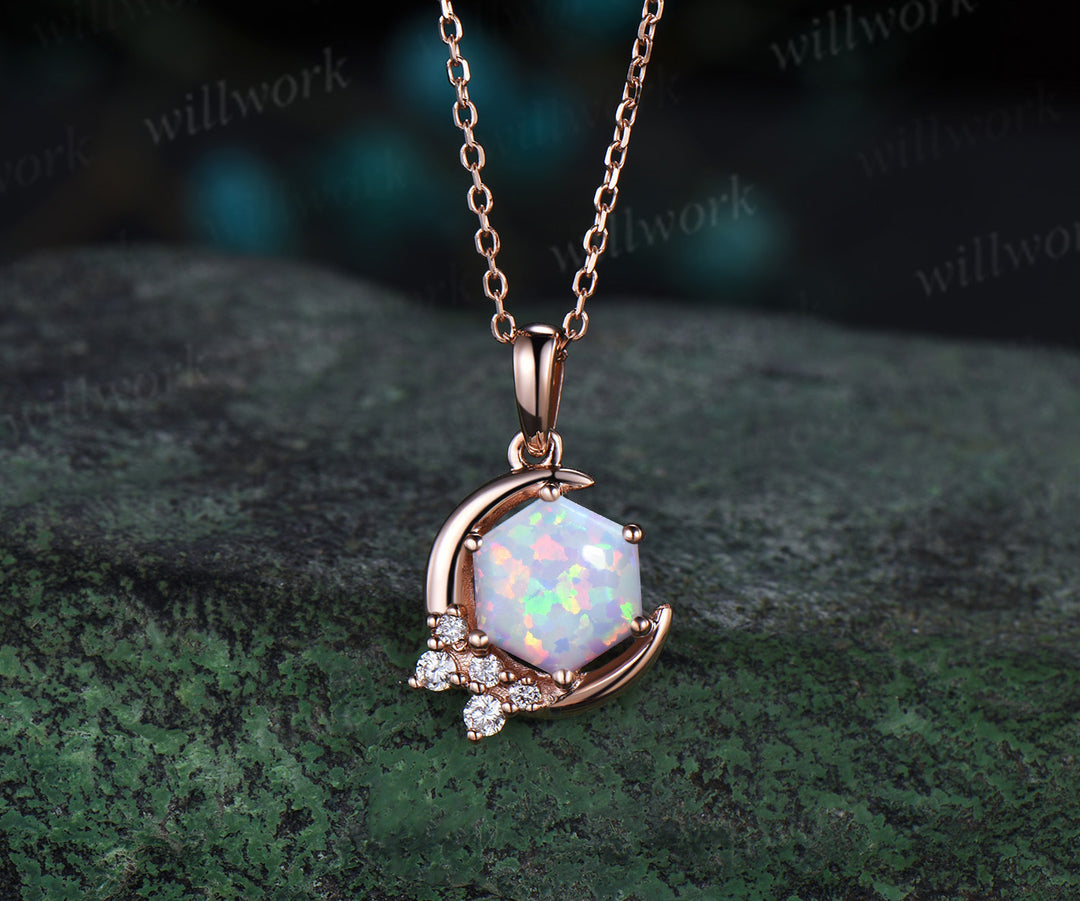 Hexagon White Opal Necklace Solid 14k Rose Gold 6 Prong Cluster Diamond Pendant Women Anniversary Gift
