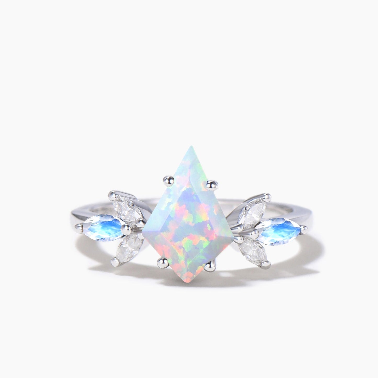 Kite Cut White Opal Engagement Ring Moonstone Cluster Bridal Ring Set