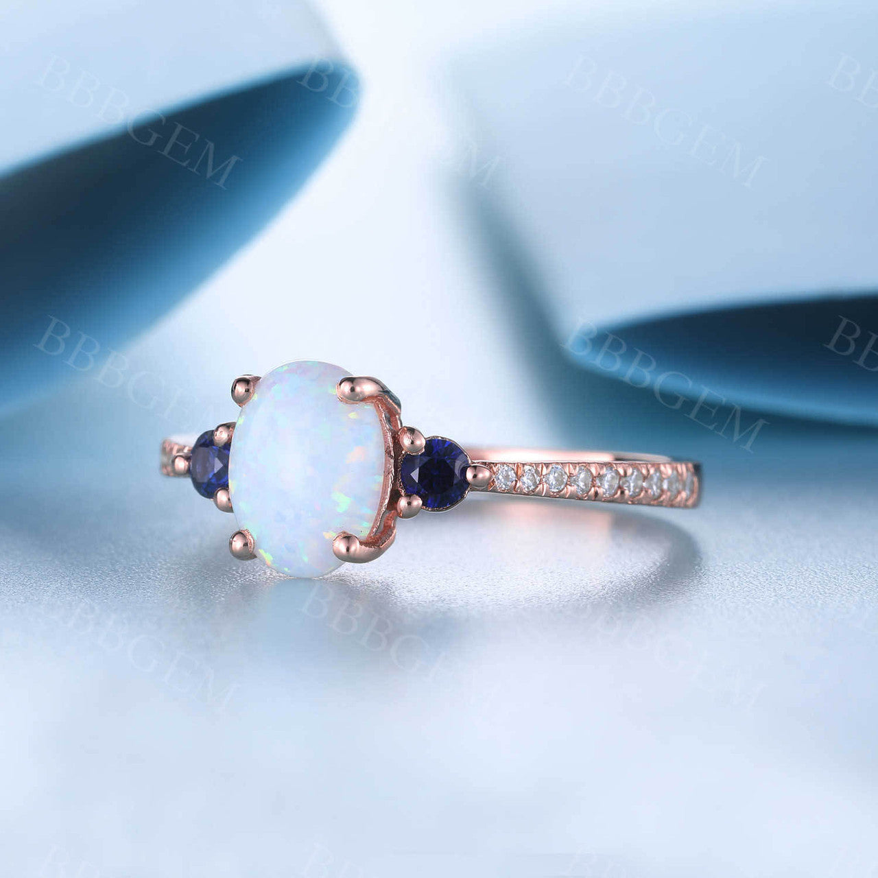 14K Rose Gold Opal Cluster Engagement Ring for Women Sapphire Diamond Ring Statement Ring