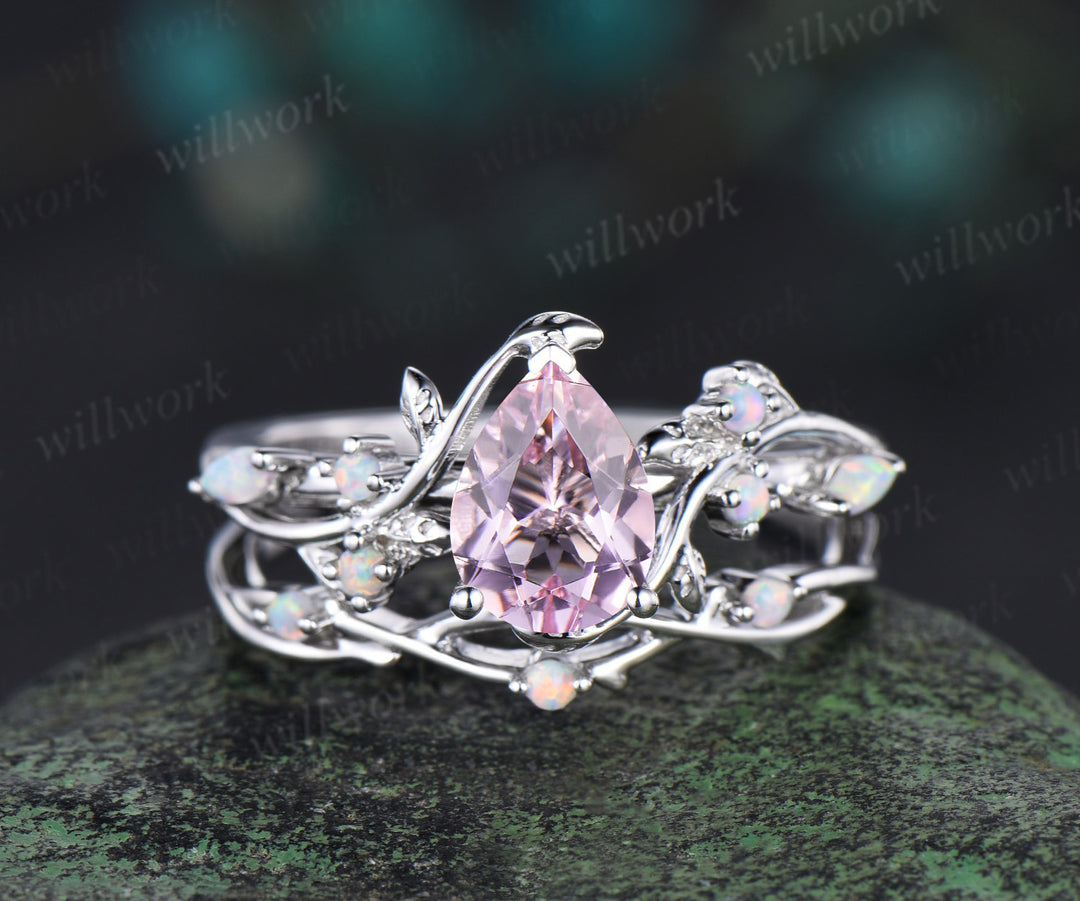 14K White Gold Pink Morganite Opal Ring Set Unique Leaf Vine Wedding Ring Pear Bridal Proposal Ring For Fianc??¡Á?|E Gemstone Ring