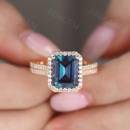 5 Carat Emerald Cut Alexandrite Engagement Ring Cubic Zirconia Halo Ring White Gold