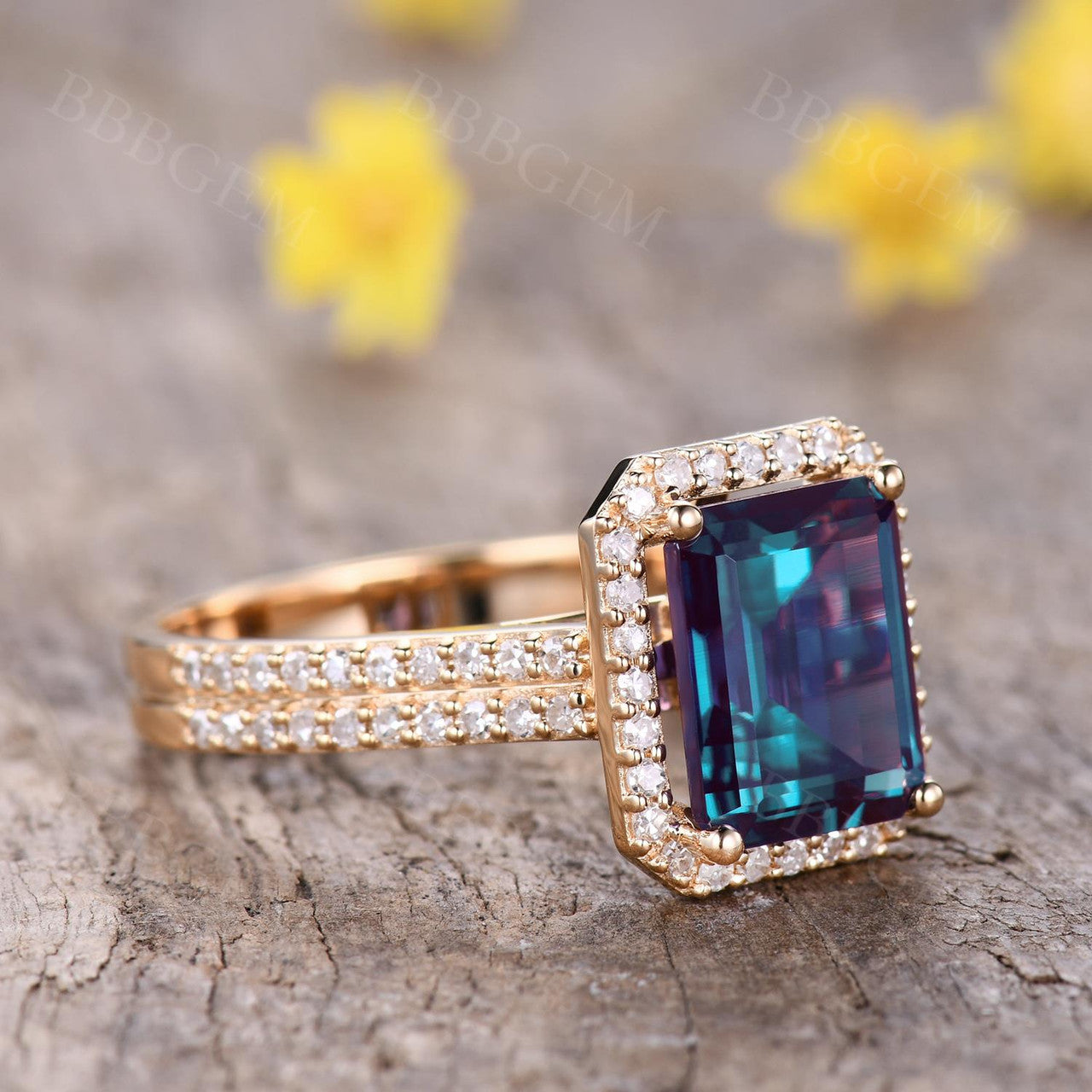 5 Carat Emerald Cut Alexandrite Engagement Ring Cubic Zirconia Halo Ring White Gold