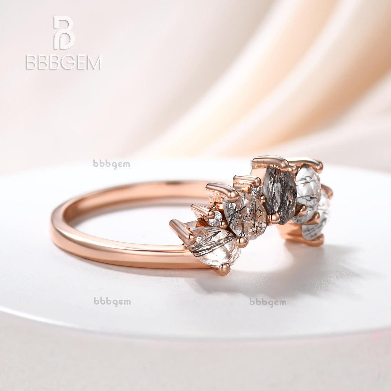 5 Stone Pear Shaped Black Rutilated Quartz Anniversary Wedding Band in Silver Women Gift