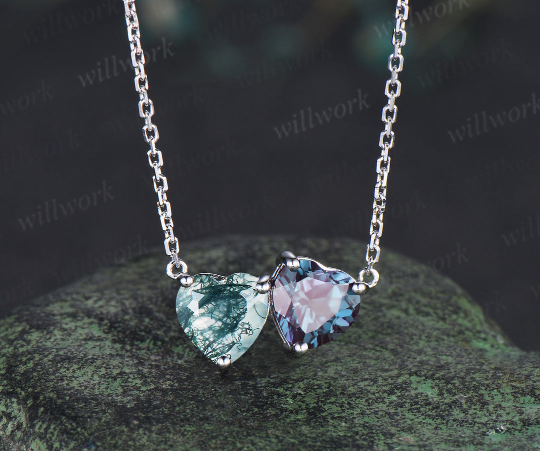Heart Cut Moss Agate & Alexandrite Toi Et Moi Pendant Necklace Minimalist Two Stones Pendant Wedding Anniversary Gifts