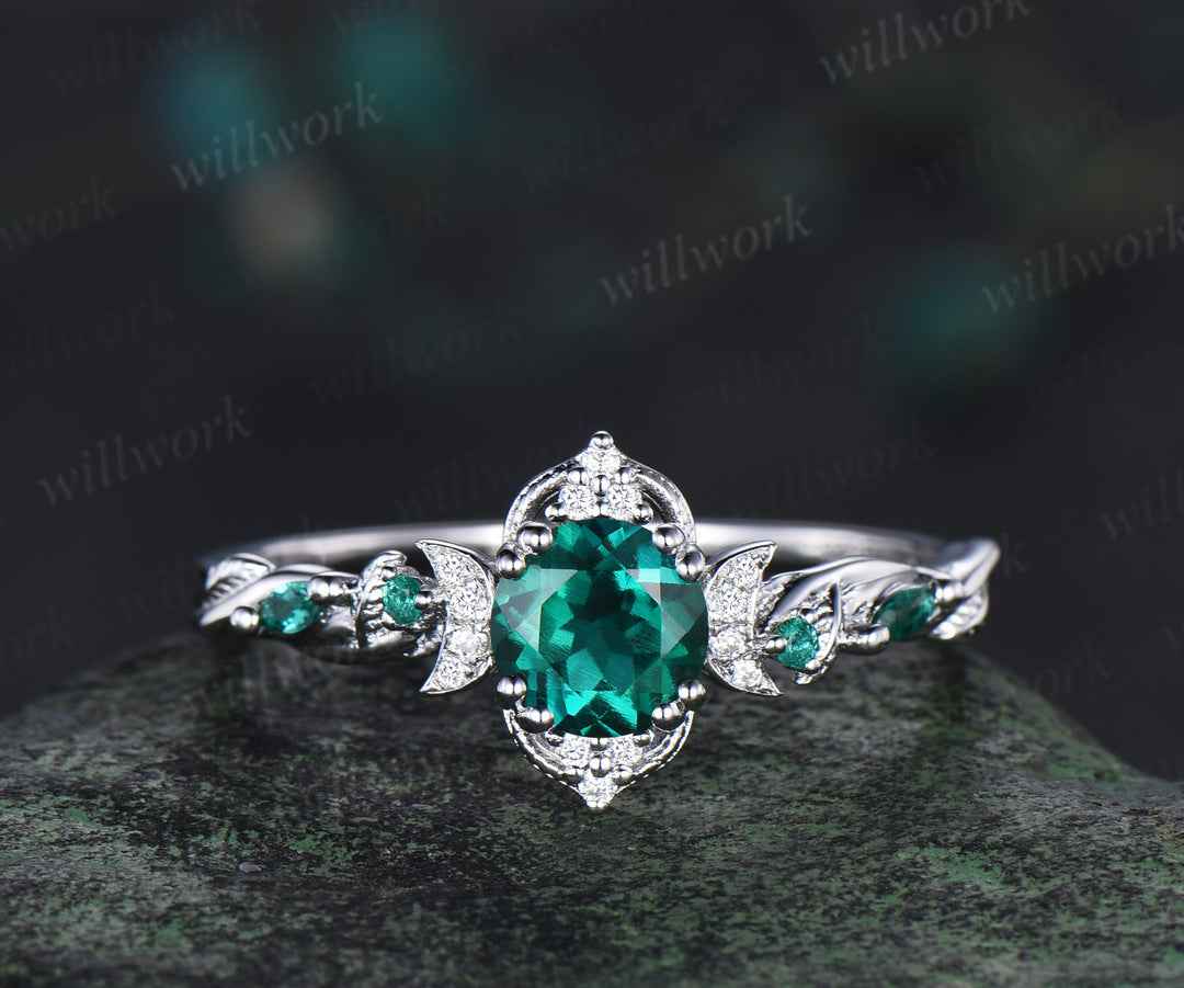 1ct Round Cut Emerald Engagement Ring Dainty Moon Diamond Cluster Ring Nature-Inspired Leaf Vines Wedding Ring May Birthstone Gifts